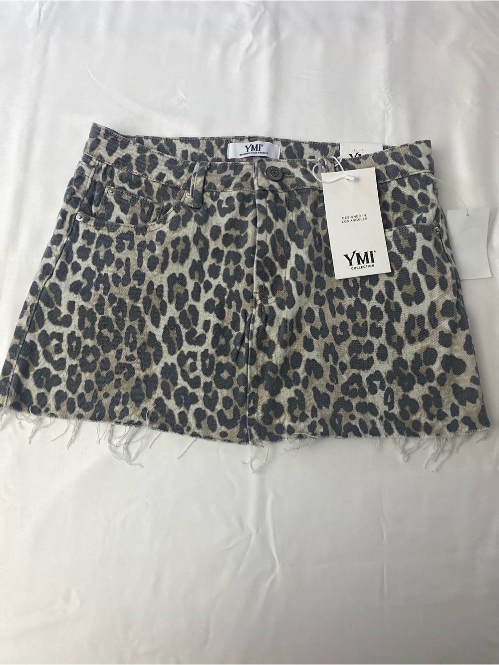 YMI Leopard-Print Denim Mini Skirt - Beige & Black